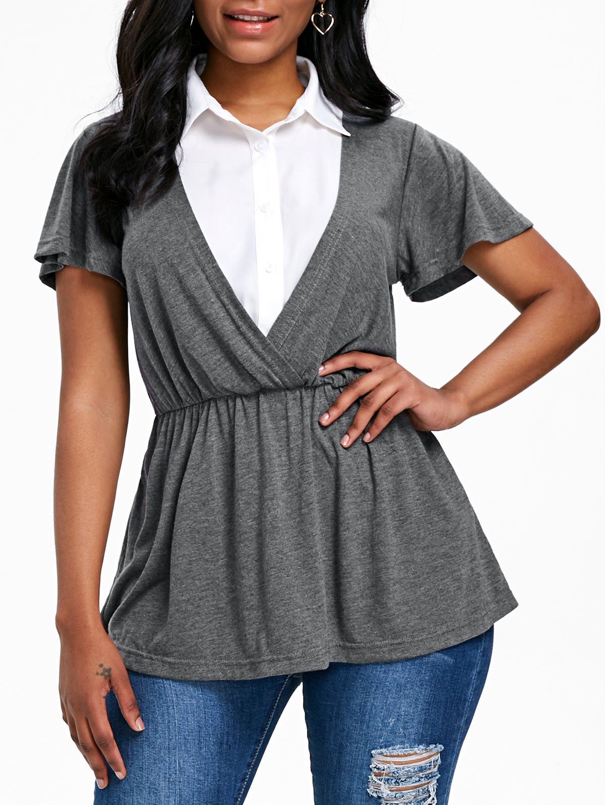 

Short Sleeve Faux Twinset T-shirt, Smokey gray