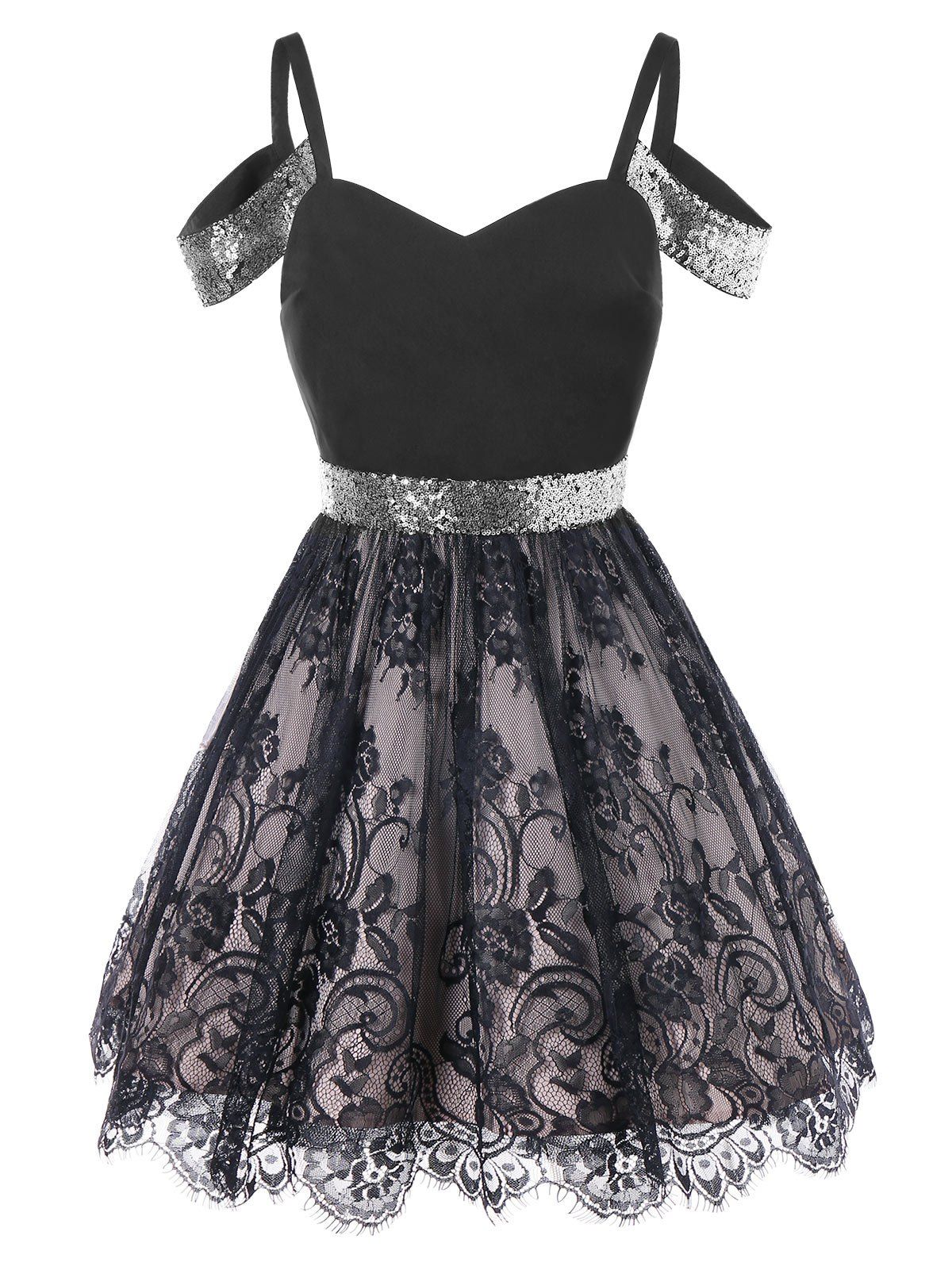 

Cold Shoulder Sequin Panel Lace Dress, Black