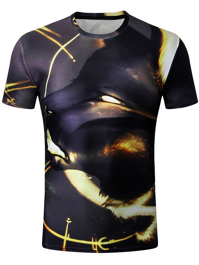 

3D Lion Print Short Sleeve T-shirt, Black eel