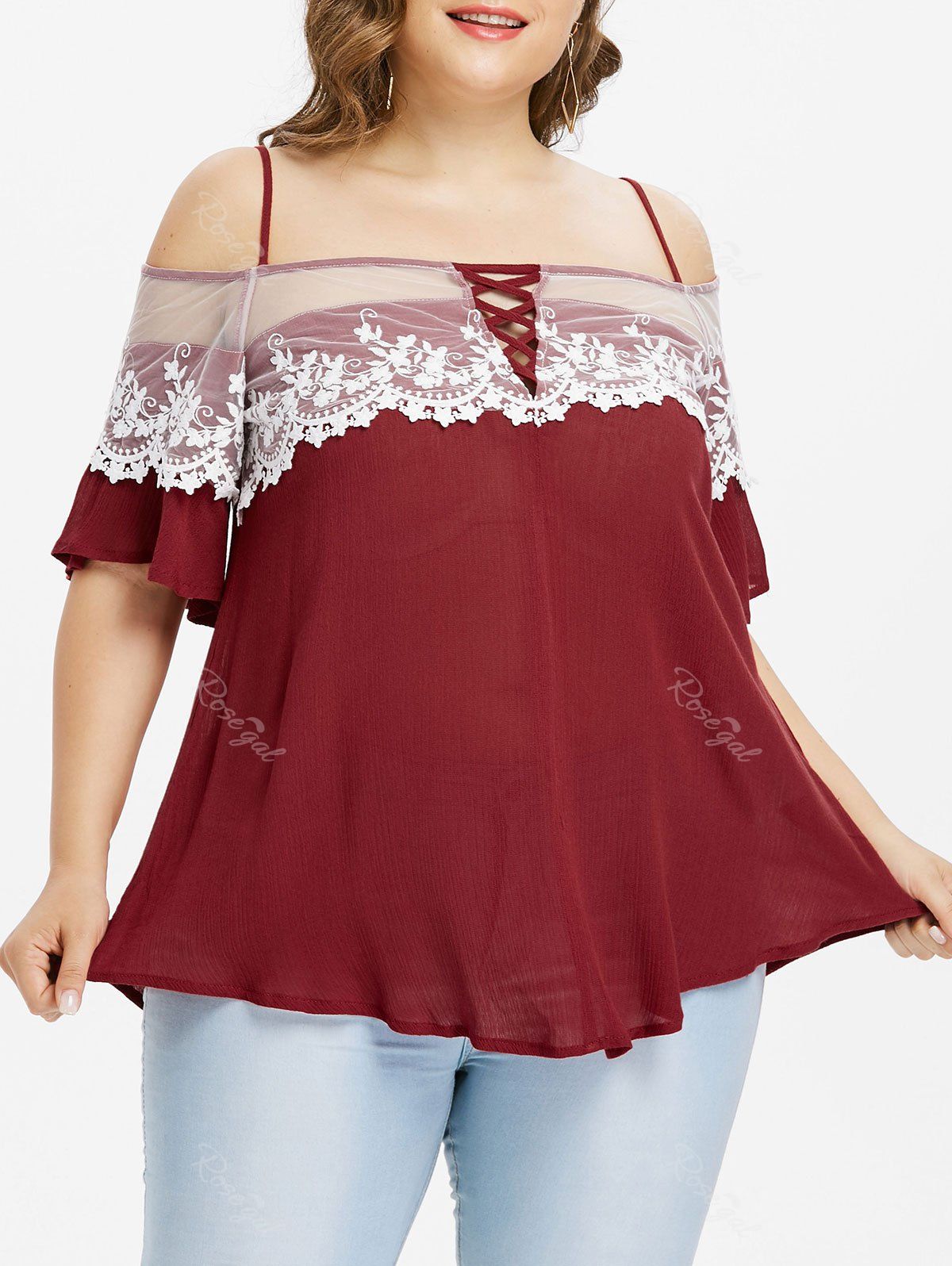 

Plus Size Lace Trim Bell Sleeve Blouse, Red wine