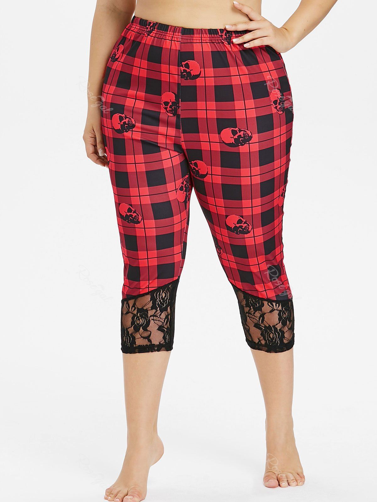 

Plus Size Plaid Skull Lace Trim Capri Leggings, Red