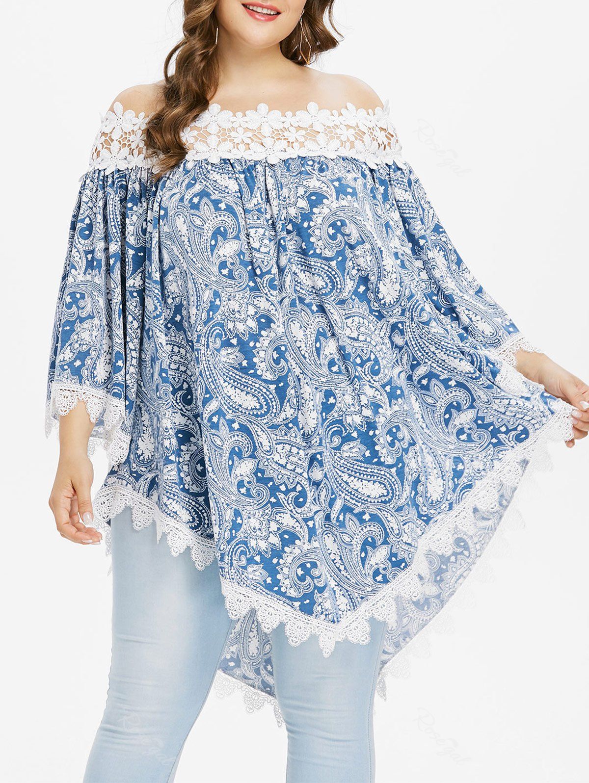 

Plus Size Paisley Bell Sleeve Bohemian Blouse, Light blue