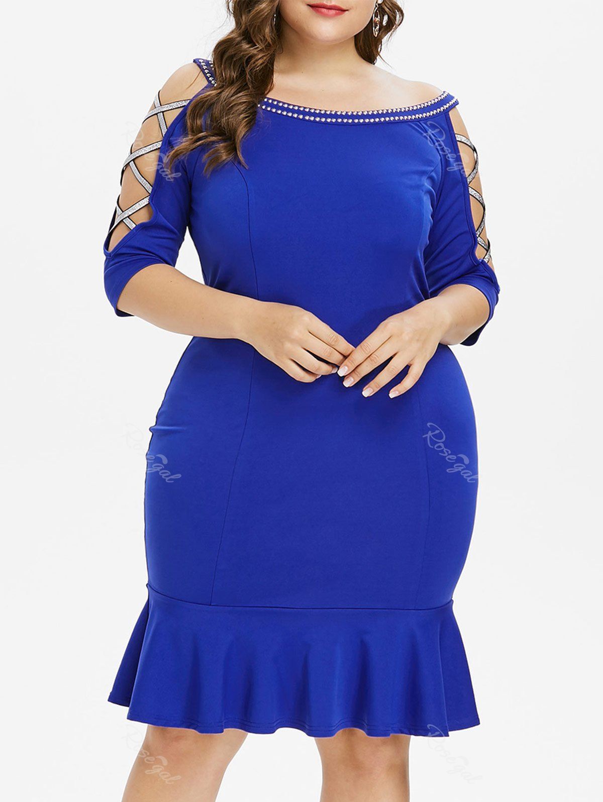 

Plus Size Embellished Knee Length Mermaid Dress, Blue