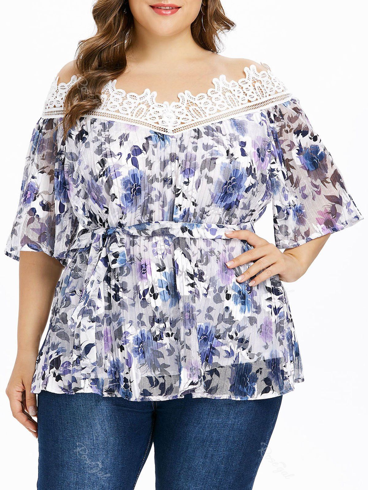 

Plus Size Floral Pleated Blouse with Tie Belt, Multi