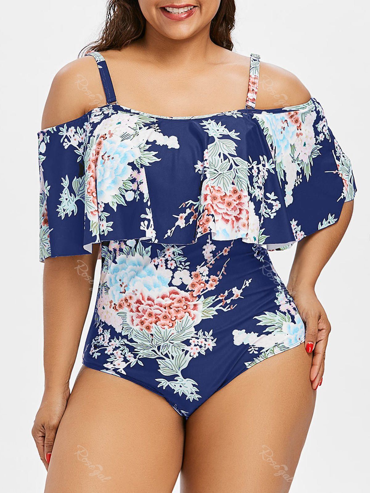 

Plus Size Flower Cold Shoulder Swimsuit, Cadetblue