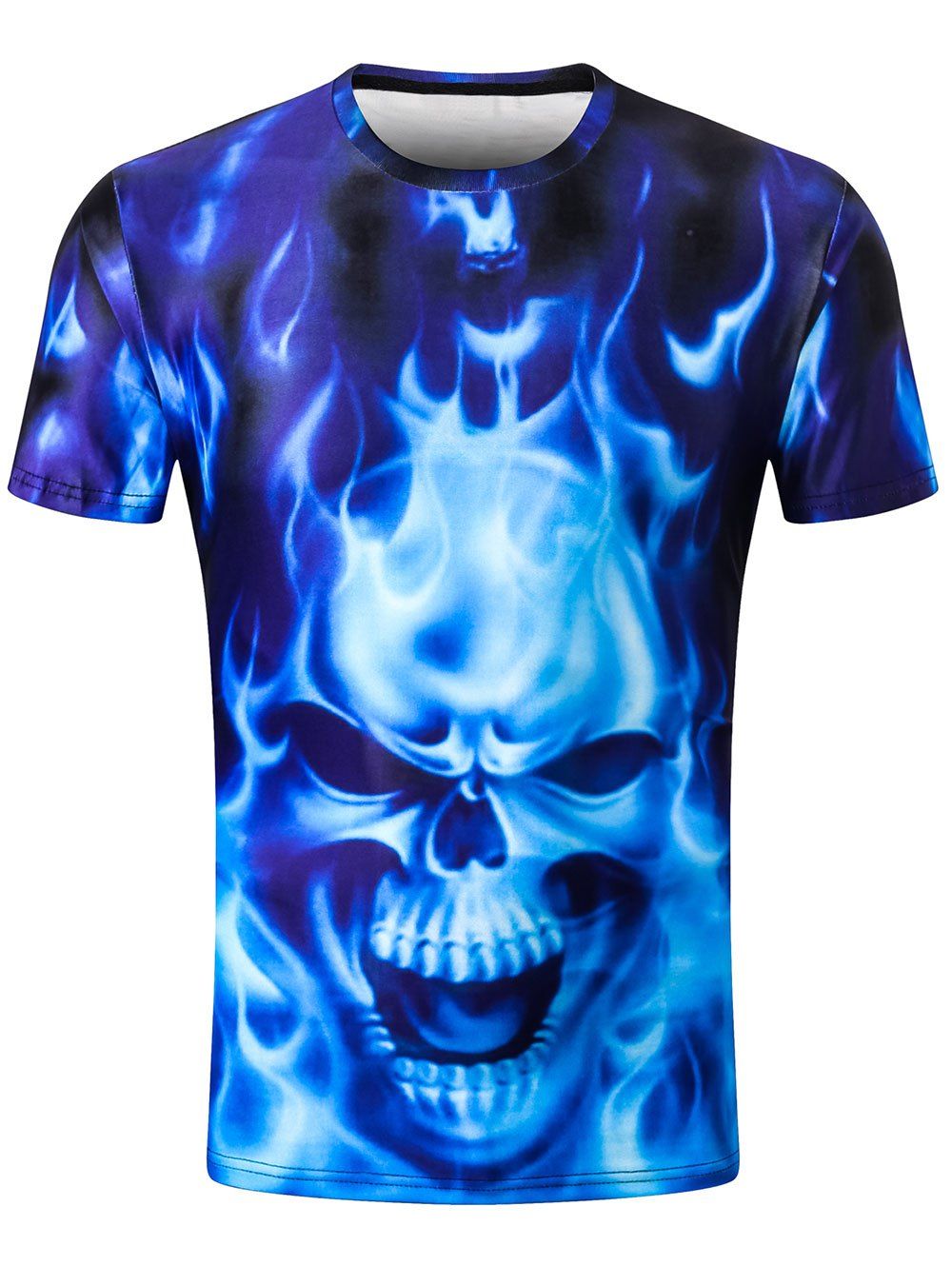 

Short Sleeve 3D Flame Skull Printed T-shirt, Blue ribbon