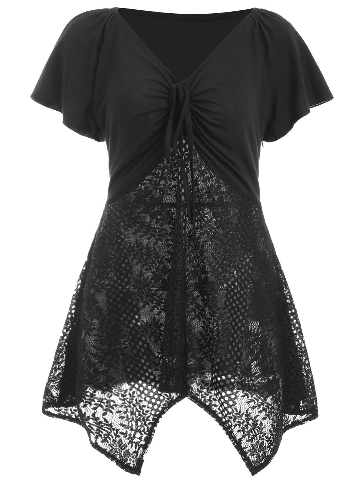 

Drawstring Lace Insert Swing Handkerchief Tee, Black