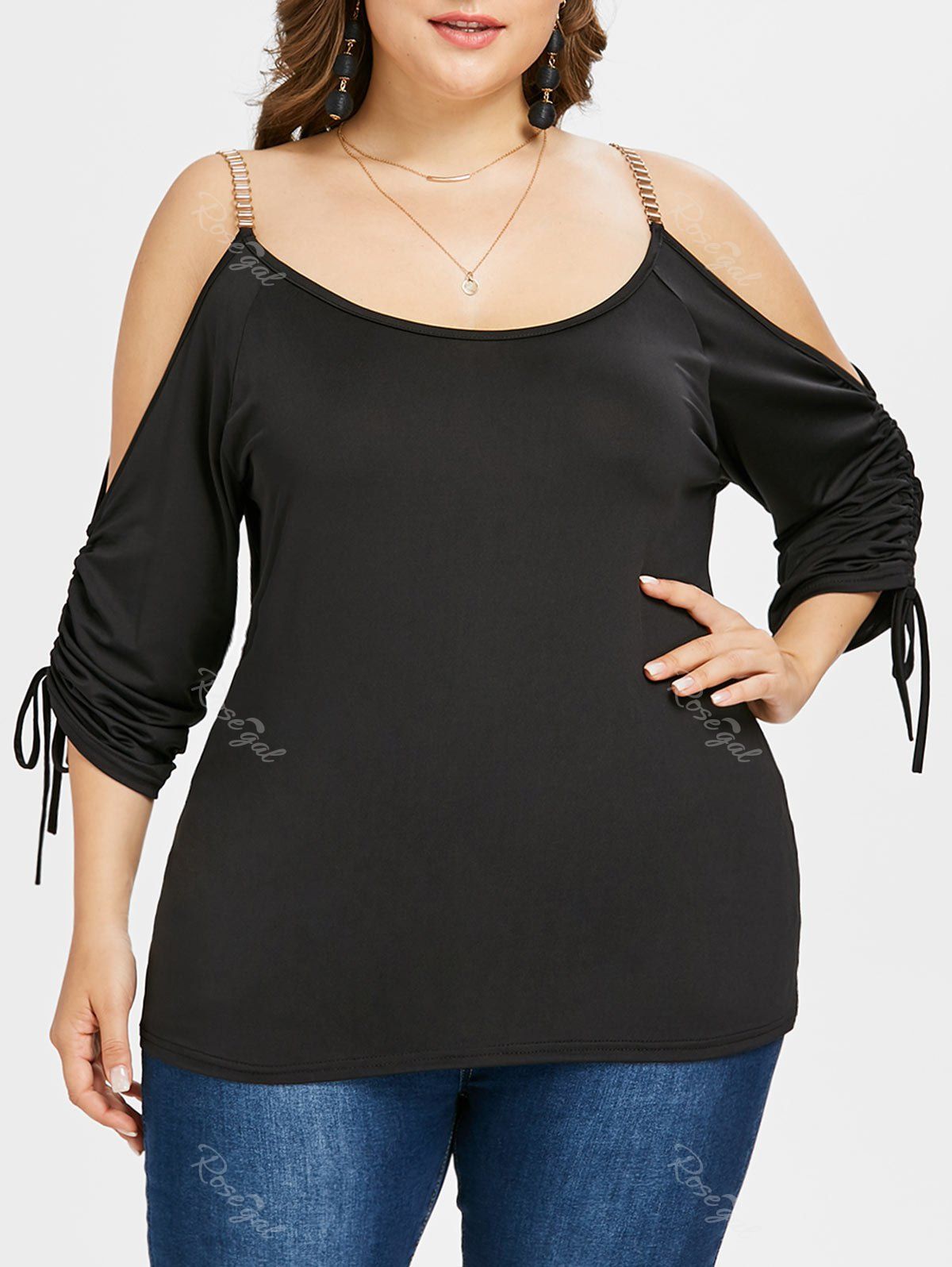 

Cold Shoulder Plus Size Drawstring Sleeve Blouse, Black