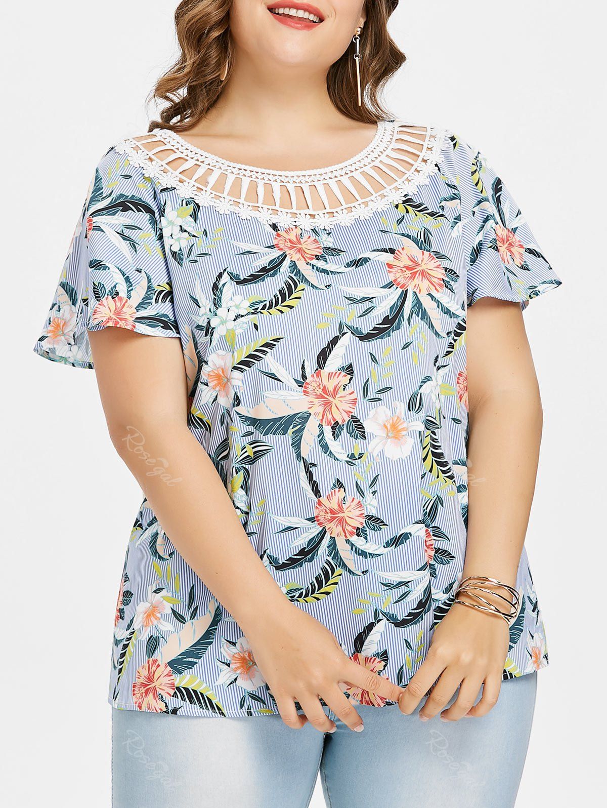 

Plus Size Shredding Tropical Striped Top, Colormix