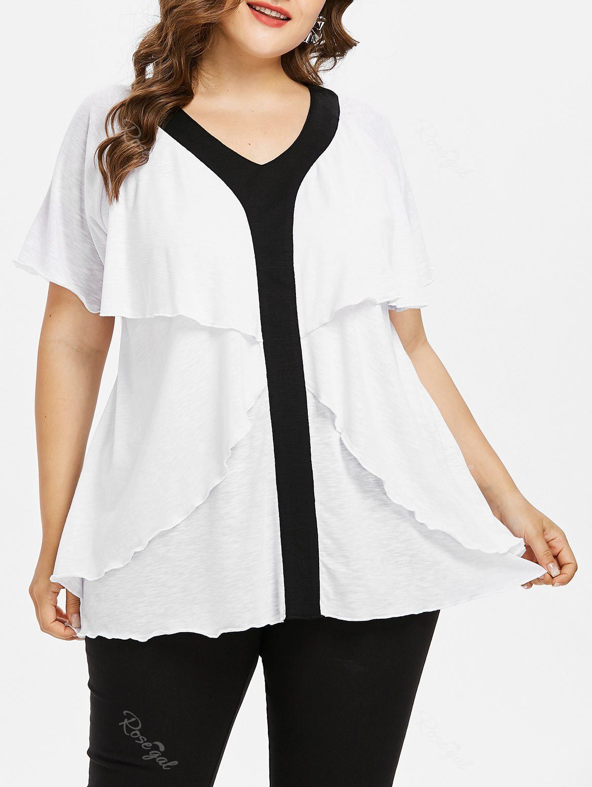 

Plus Size Two Tone Layered Ruffle T-shirt, White