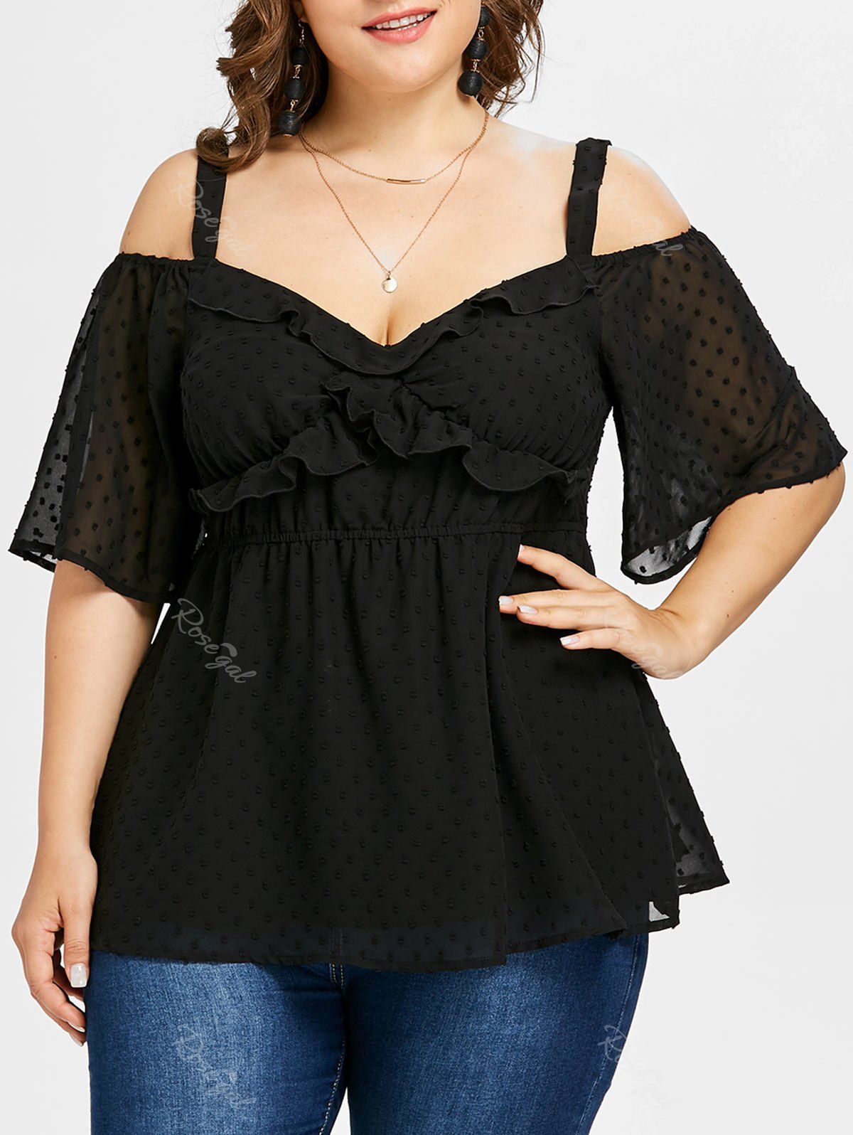 

Open Shoulder Plus Size Ruffle Panel Blouse, Black