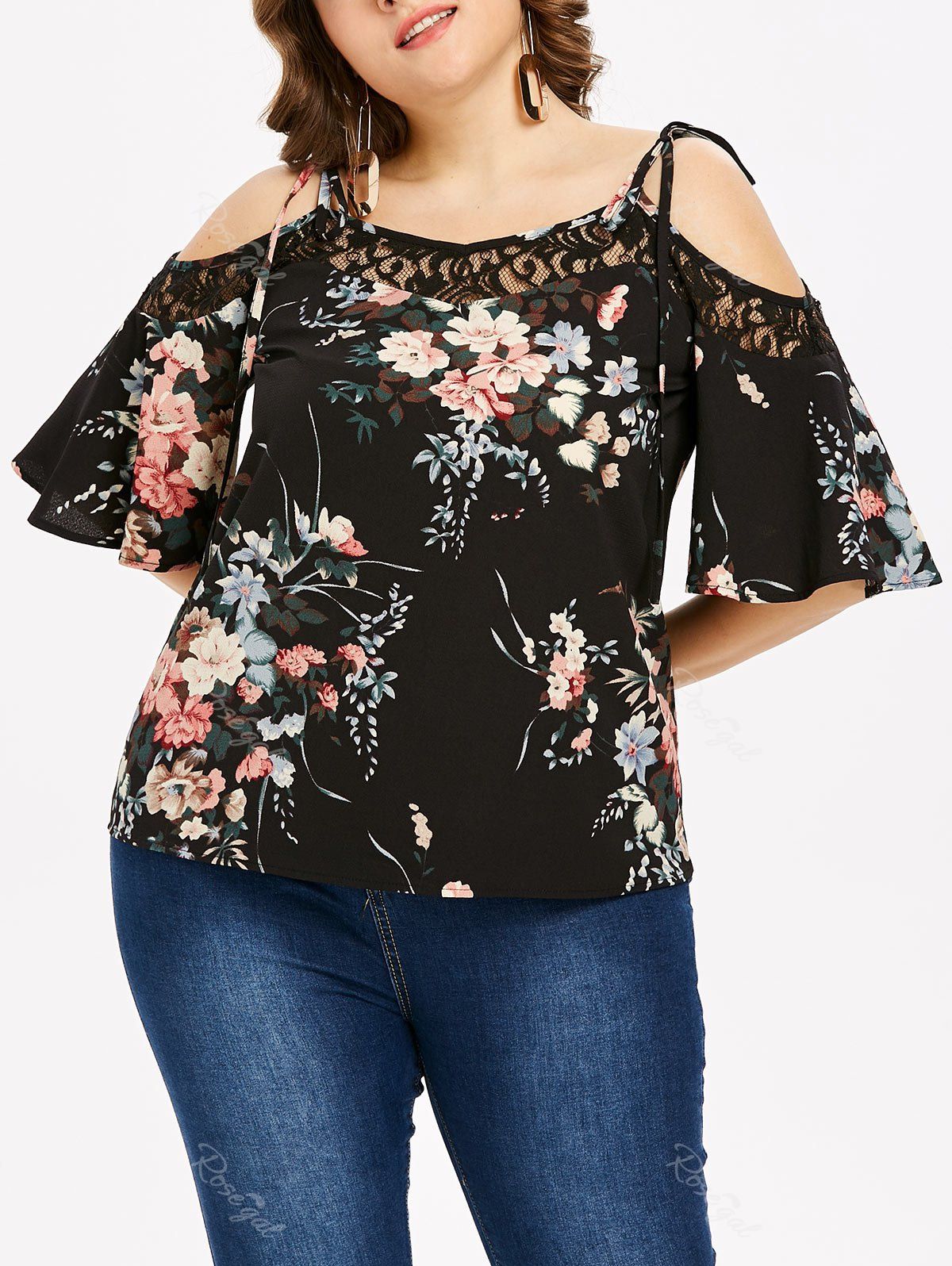 

Cold Shoulder Plus Size Floral Print Blouse, Black