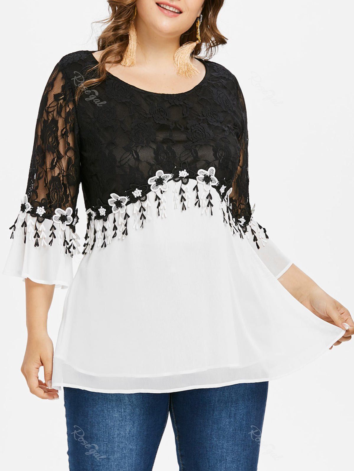

Plus Size Lace Panel Chiffon Blouse, Black