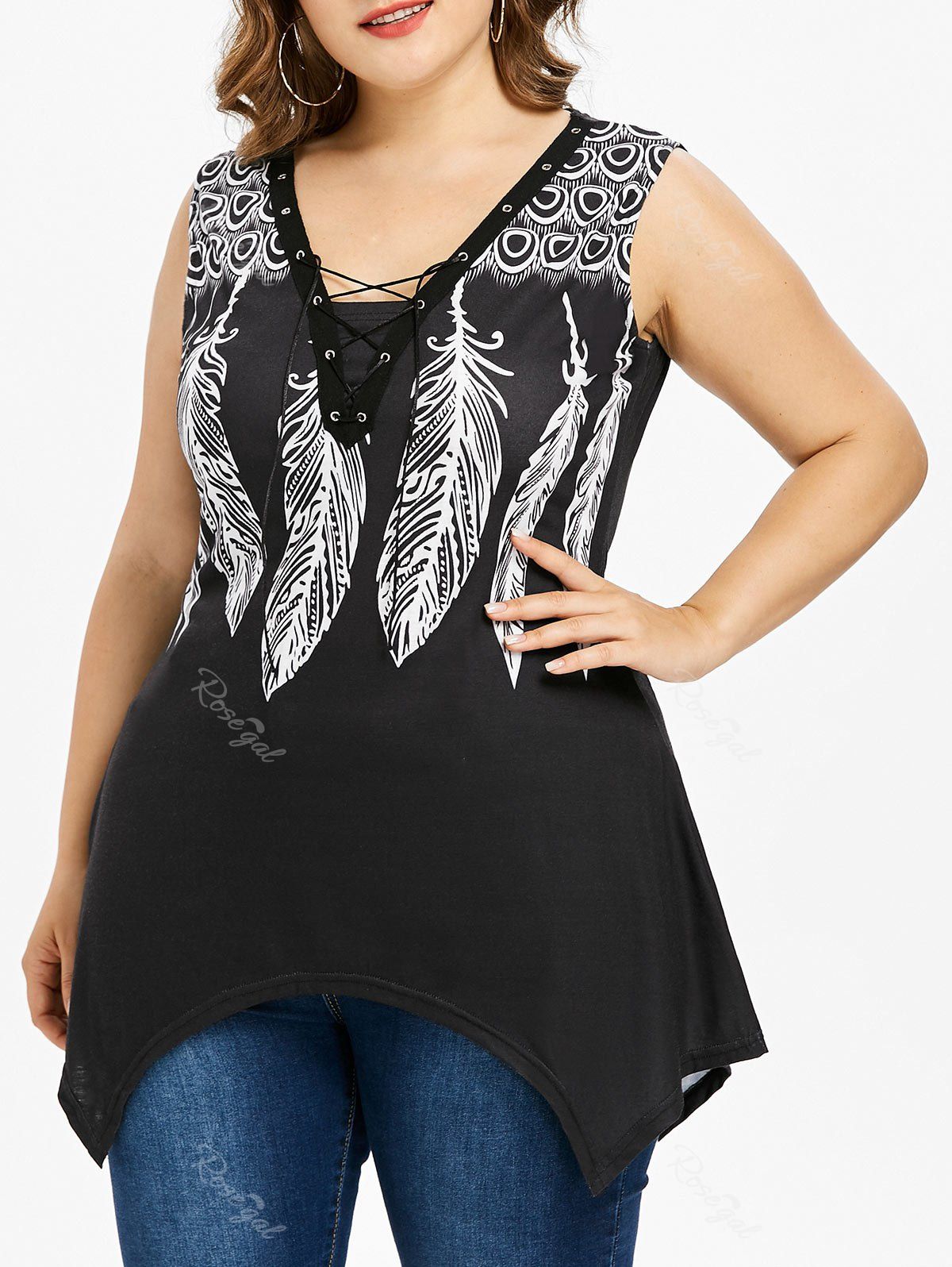 

Plus Size Feather Print Lace-up Tank Top, Black