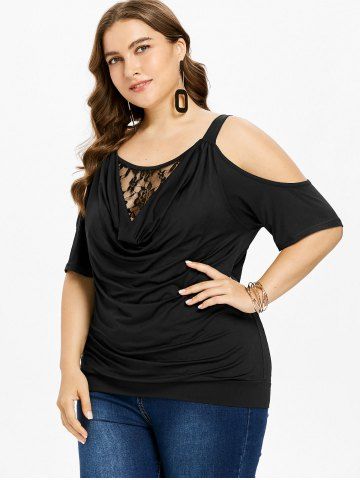 

Plus Size Lace Insert Cowl Neck T-shirt, Black