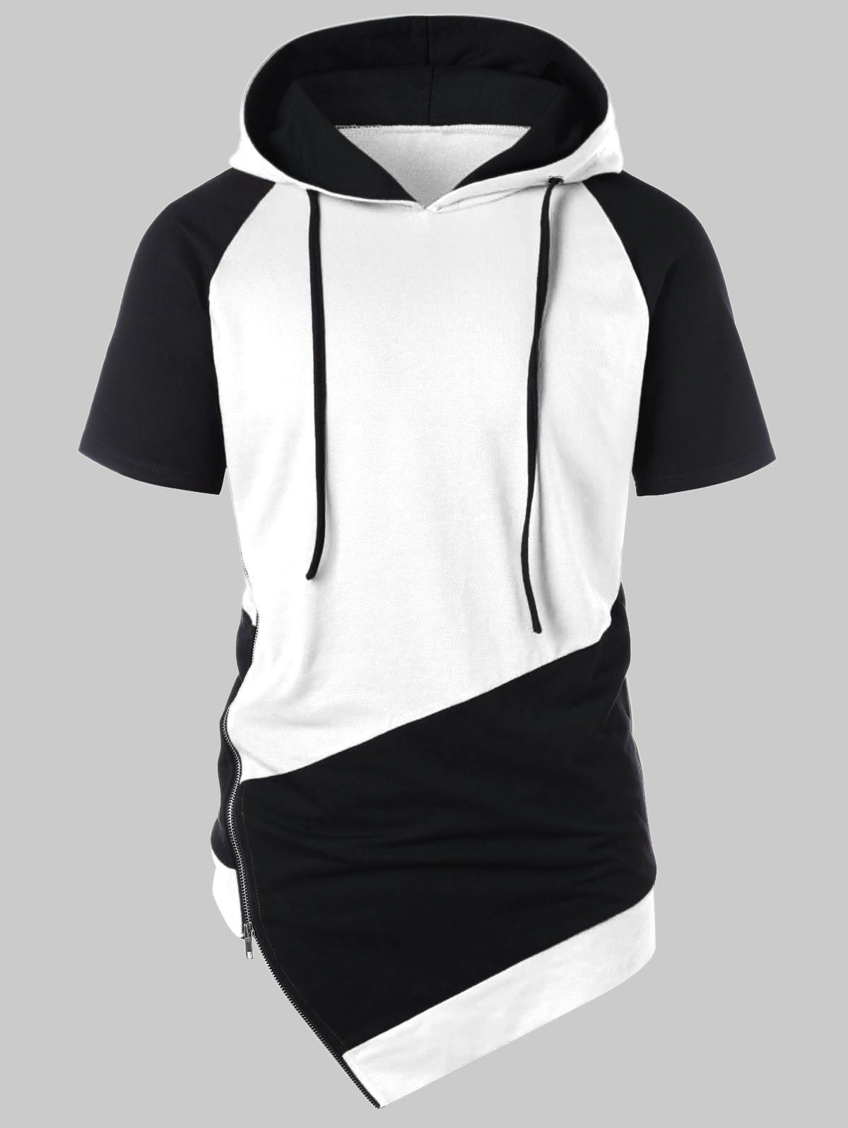 

Asymmetrical Color Block Side Zipper Hoodie, White