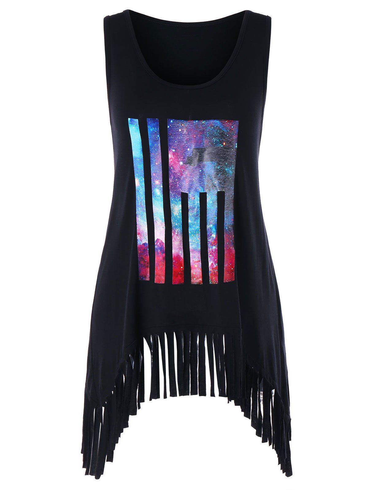 

Sleeveless Galaxy Print Fringe Tank Top, Black