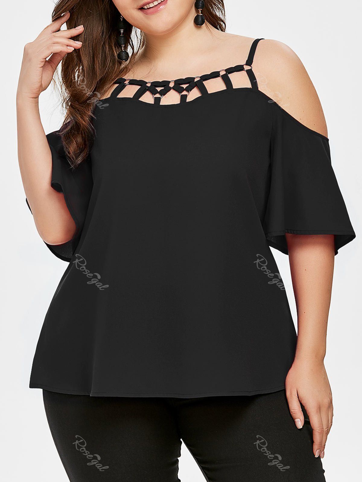 

Plus Size Open Shoulder Cami Blouse, Black