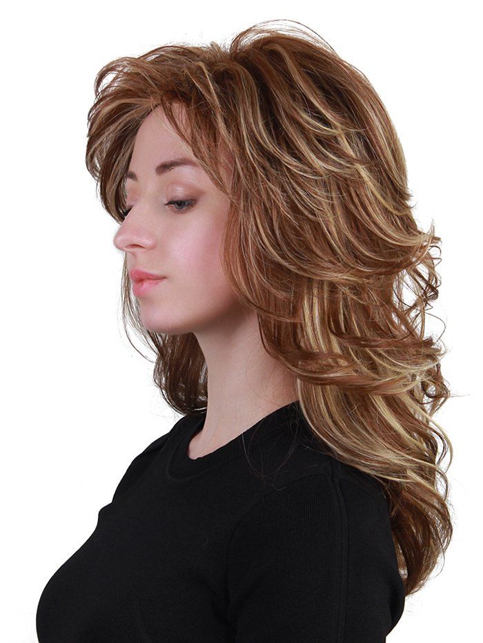 

Long Oblique Bang Layered Colormix Slightly Curly Human Hair Wig, Multi