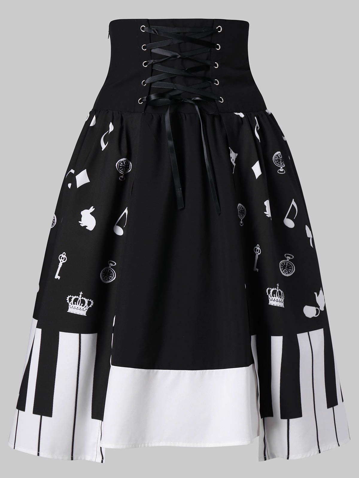 

Piano Key Print High Waist Skirt, White and black