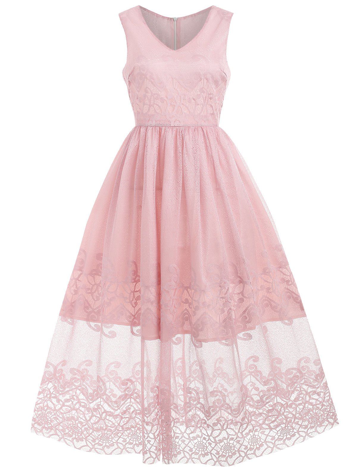

Crochet Lace Panel Sleeveless Vintage Dress, Light pink
