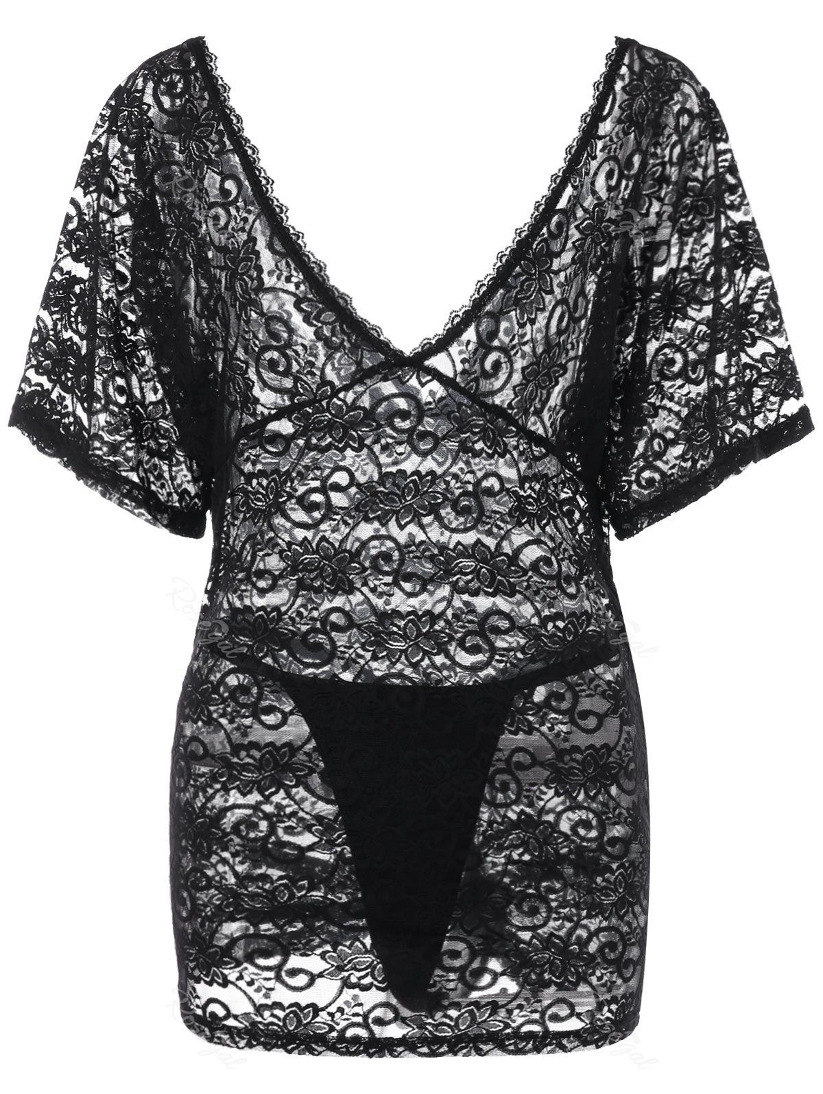 

Plus Size Floral Lace Plunging Nightdress Set, Black