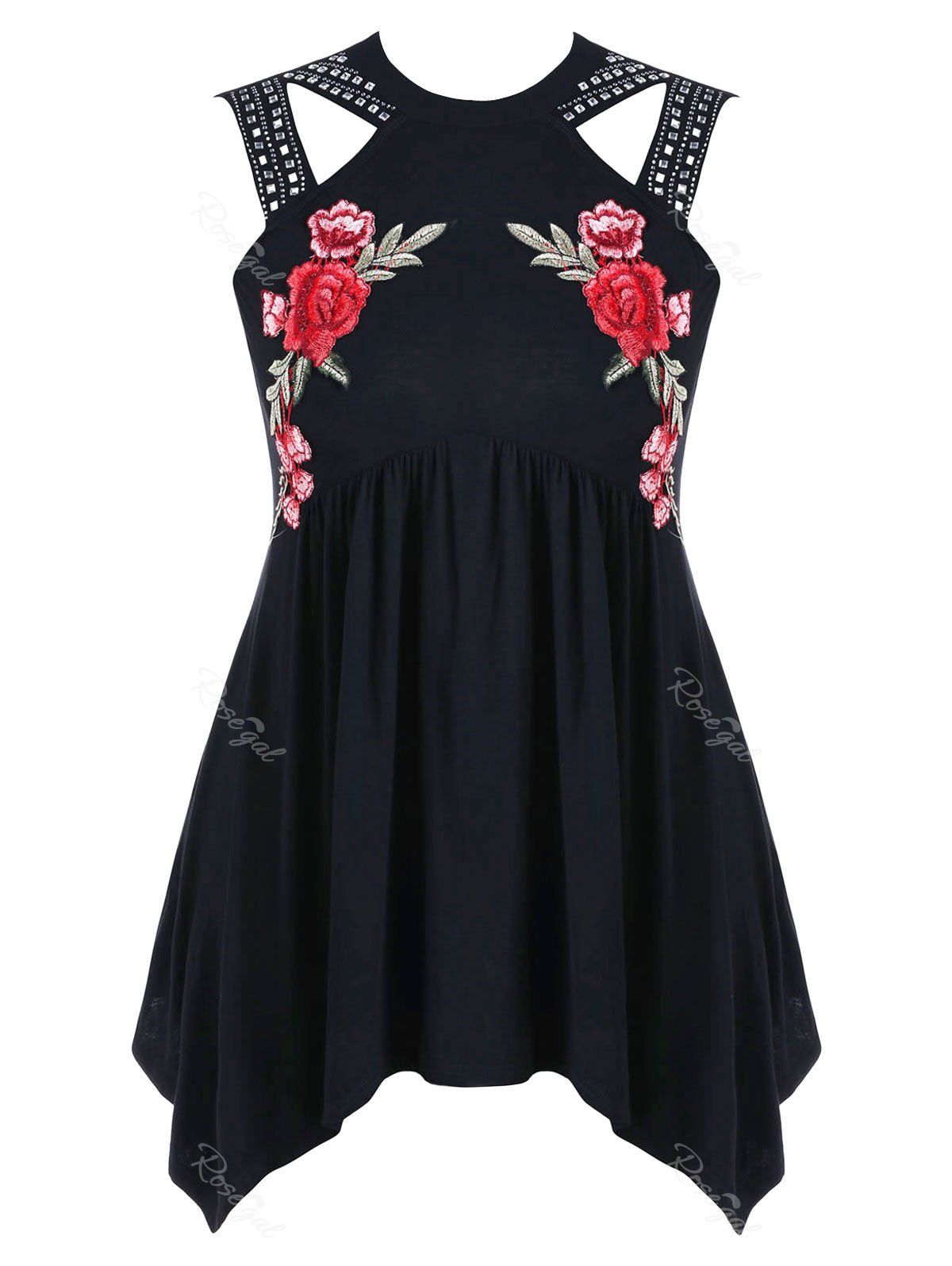 

Plus Size Rhinestone Embellished Embroidery Tank Top, Black