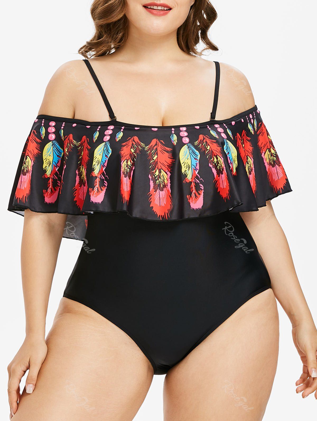 

Plus Size Feather Print Flounce Swimsuit, Black