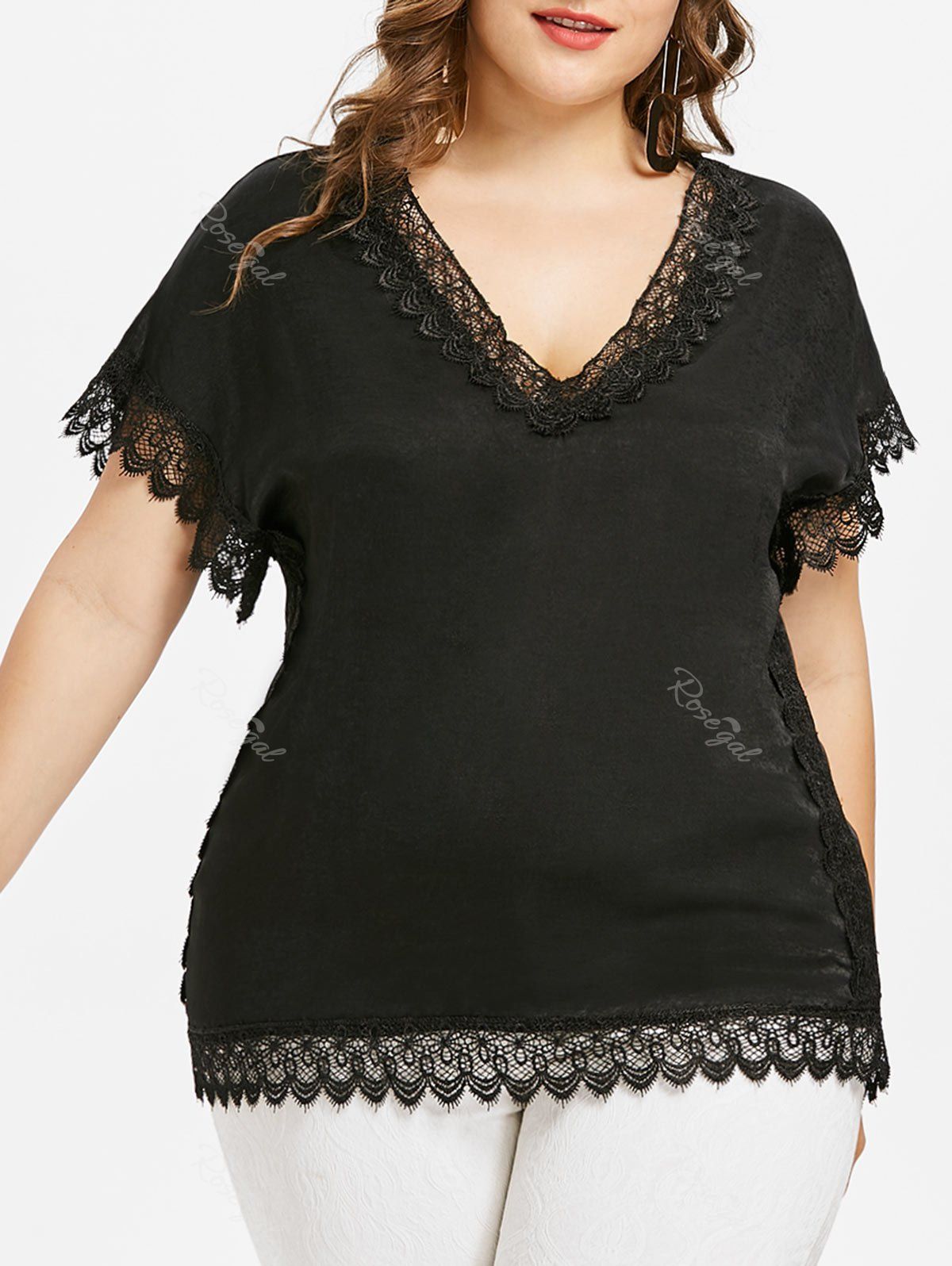 

Plus Size Lace Panel V-neck T-shirt, Black