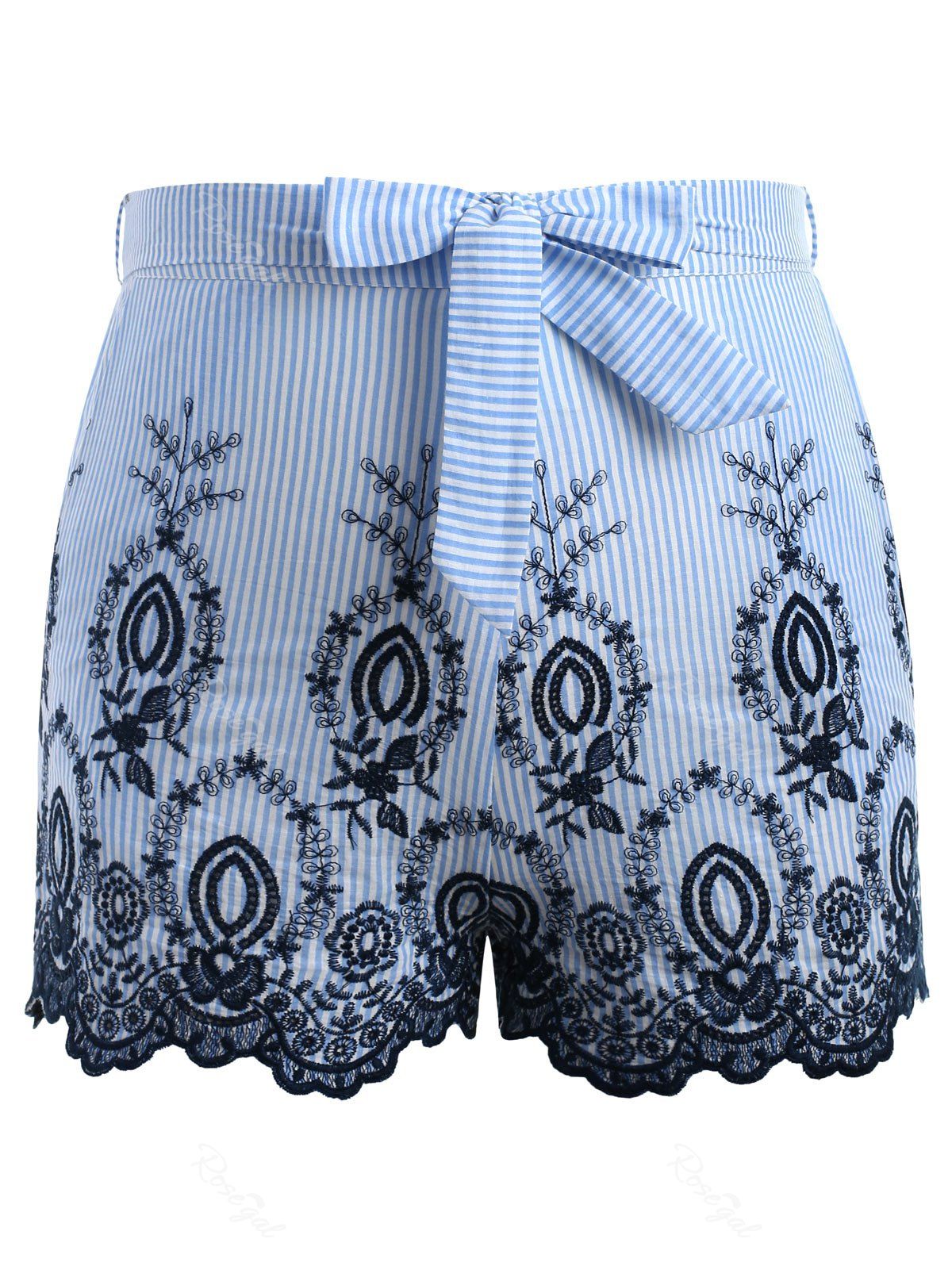 

Plus Size Striped Embroidery Shorts With Tie Belt, Light blue