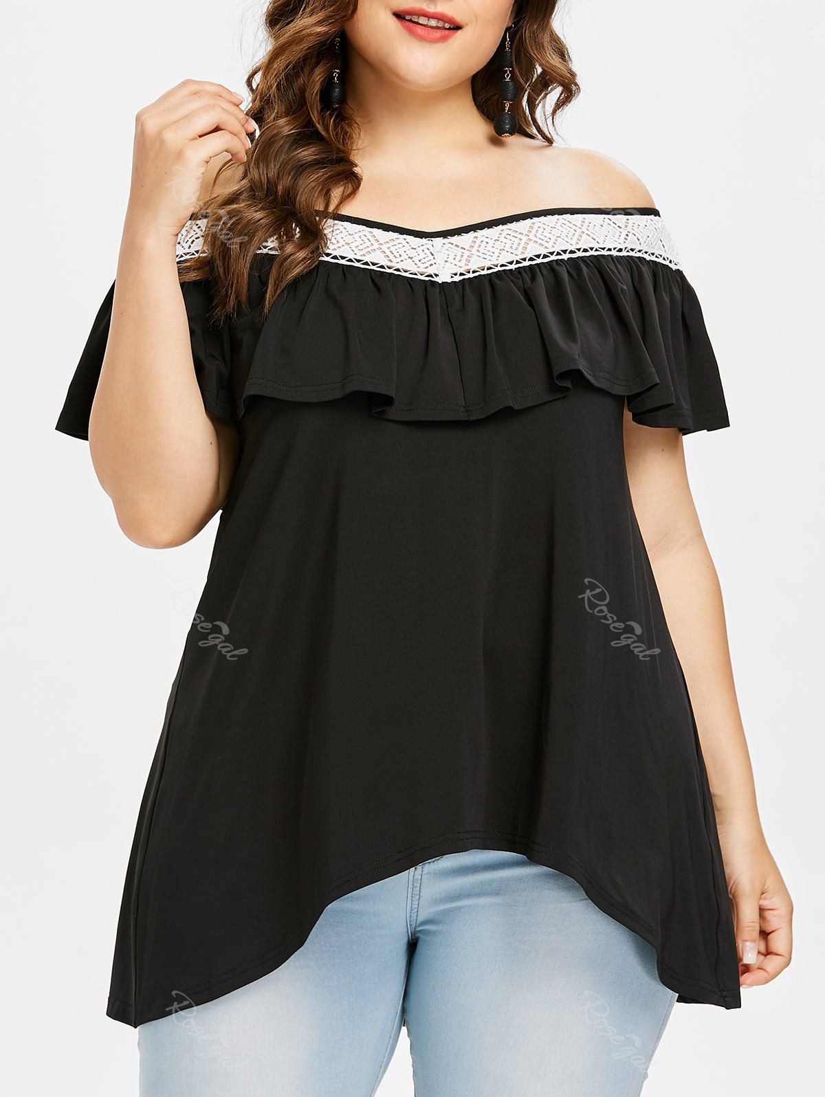 

Plus Size Two Tone Crochet T-shirt, Black