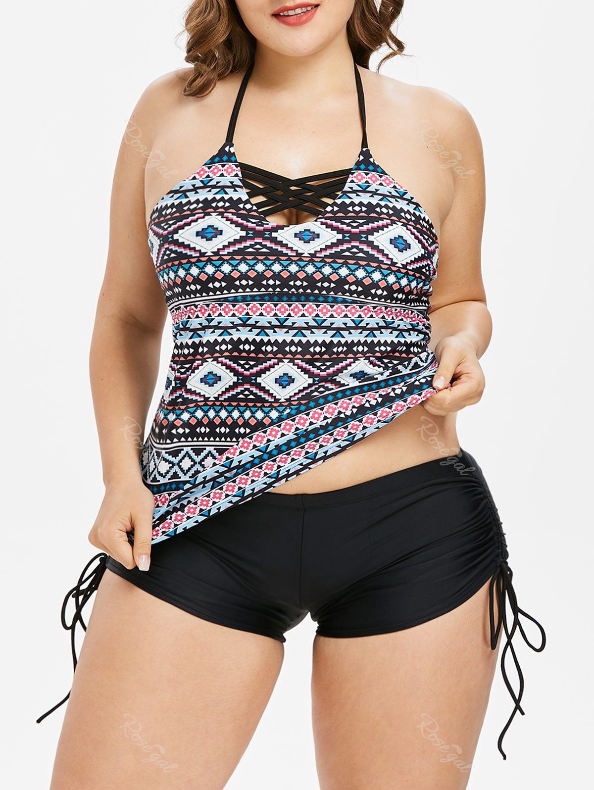 

Plus Size Tribal Print Cinched Tankini Set, Multi