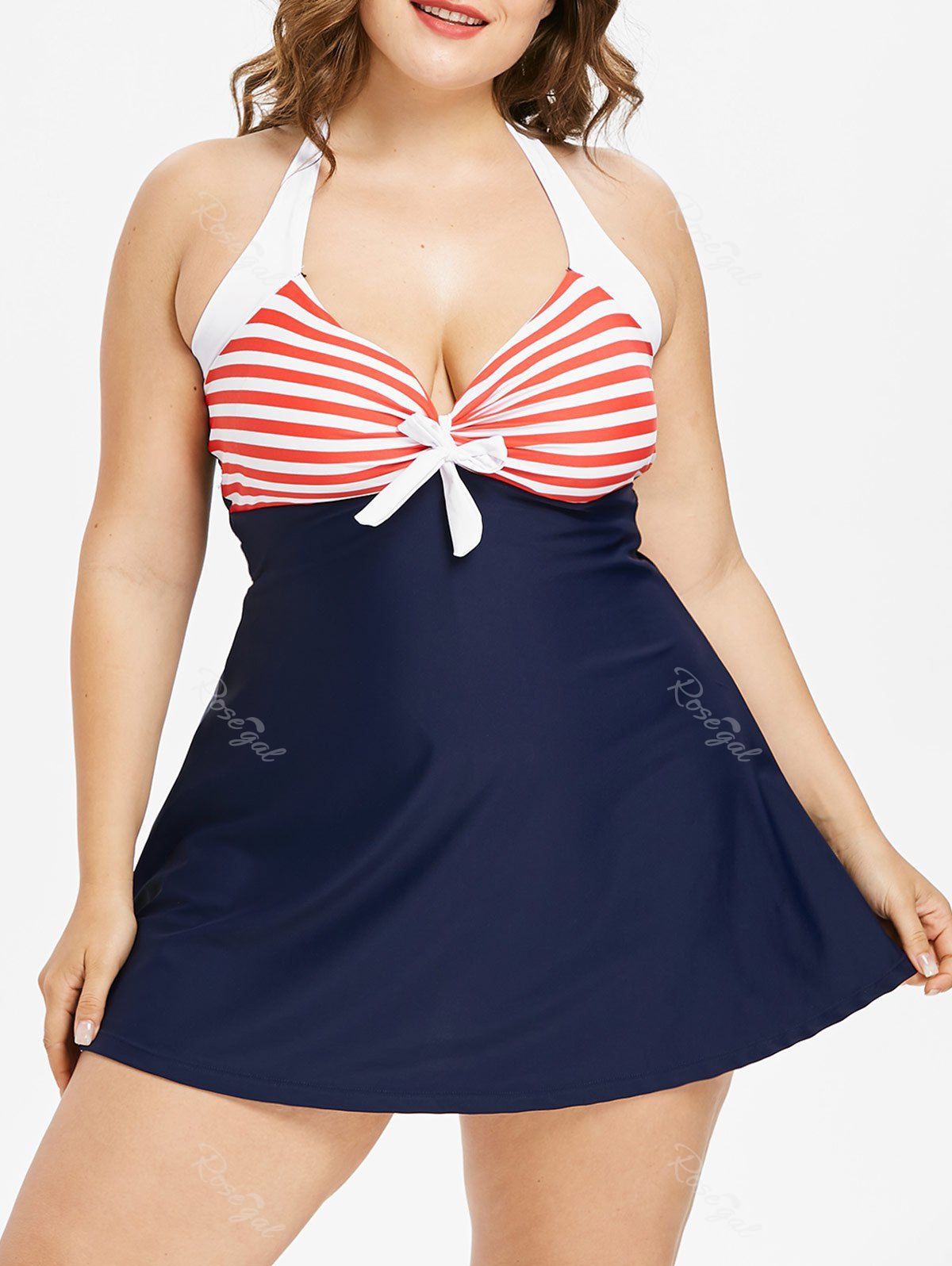 

Plus Size Striped Halter Swimsuit, Midnight blue