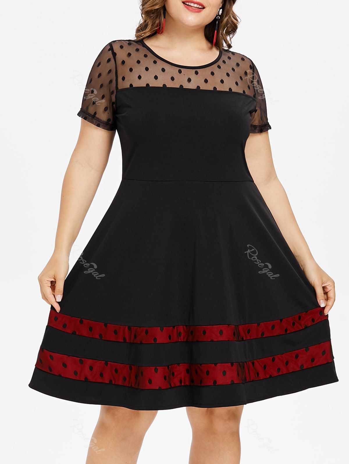 

Mesh Panel Plus Size Polka Dot A Line Dress, Black