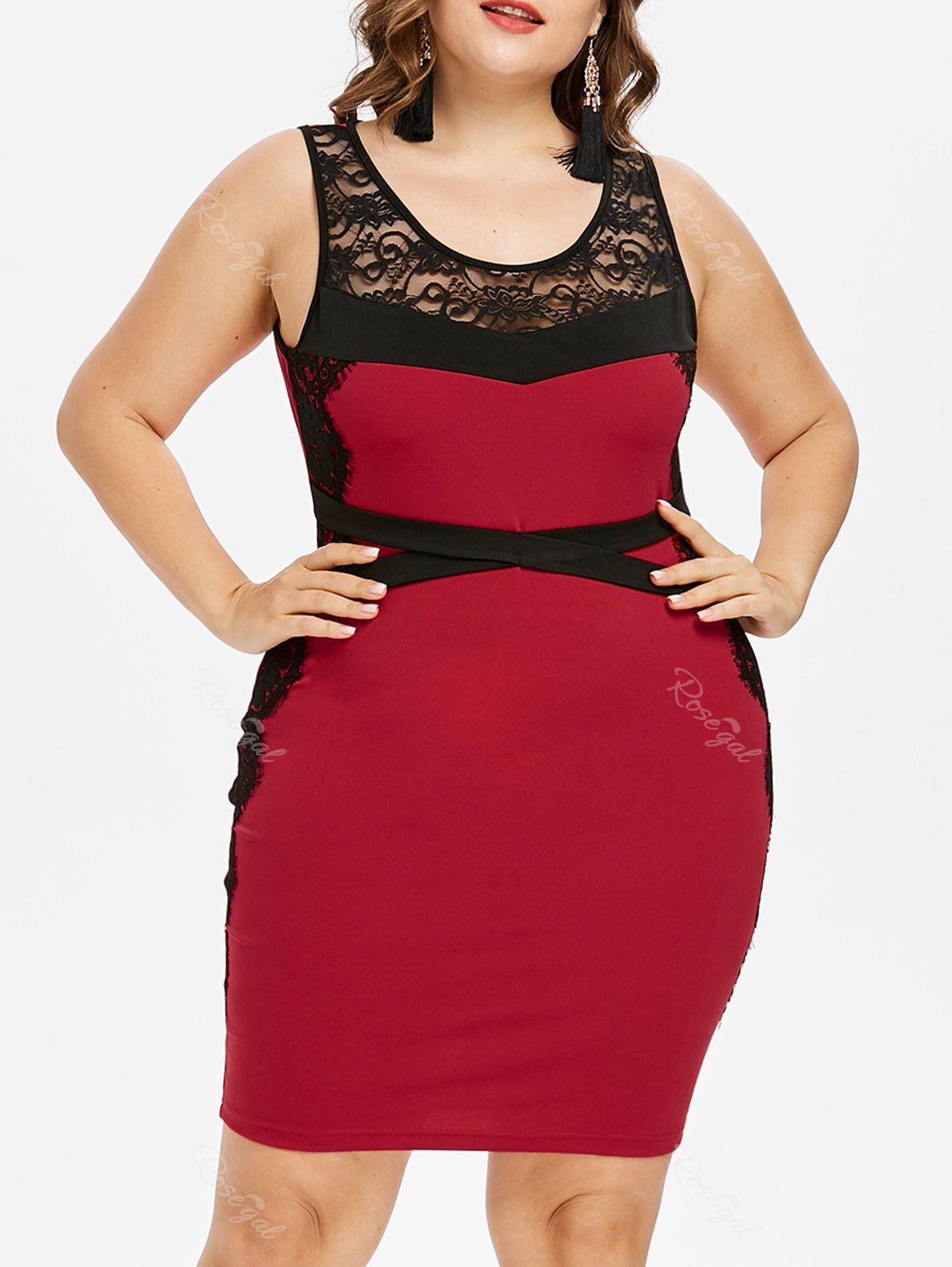 

Plus Size Sheer Lace Panel Knee Length Fitted Dress, Red
