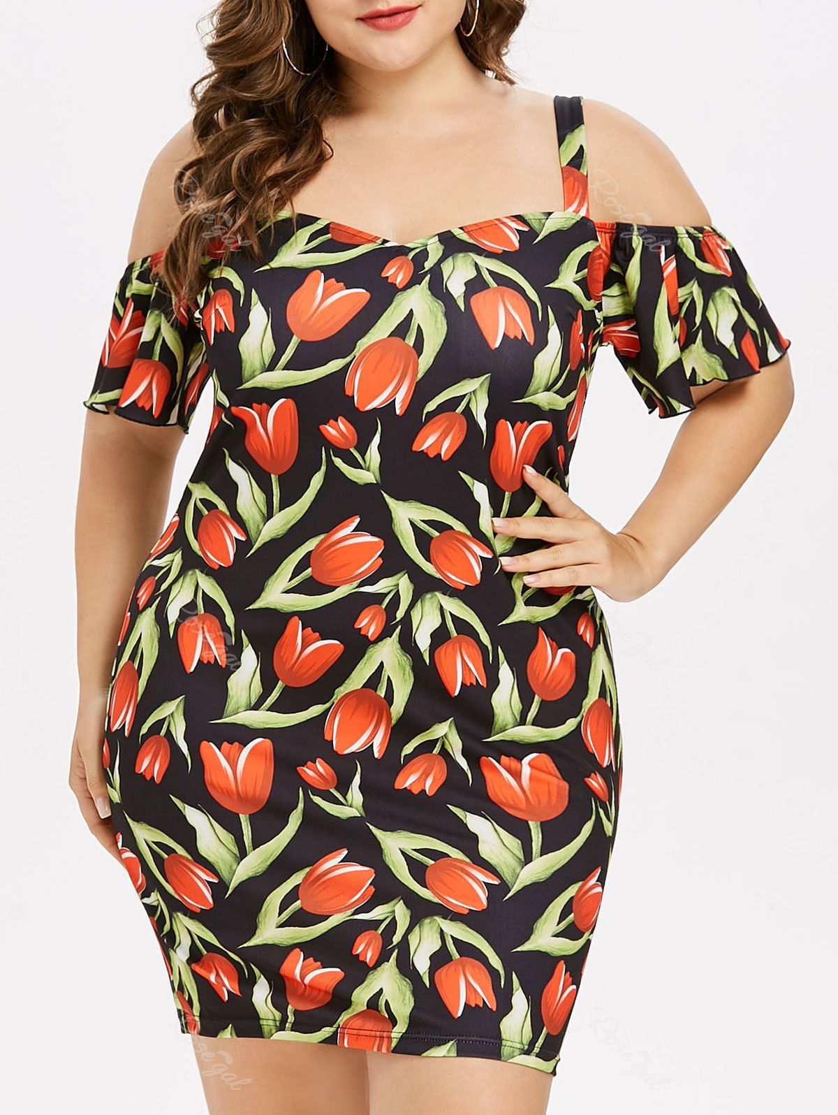 

Tulip Print Plus Size Open Shoulder Mini Dress, Multi