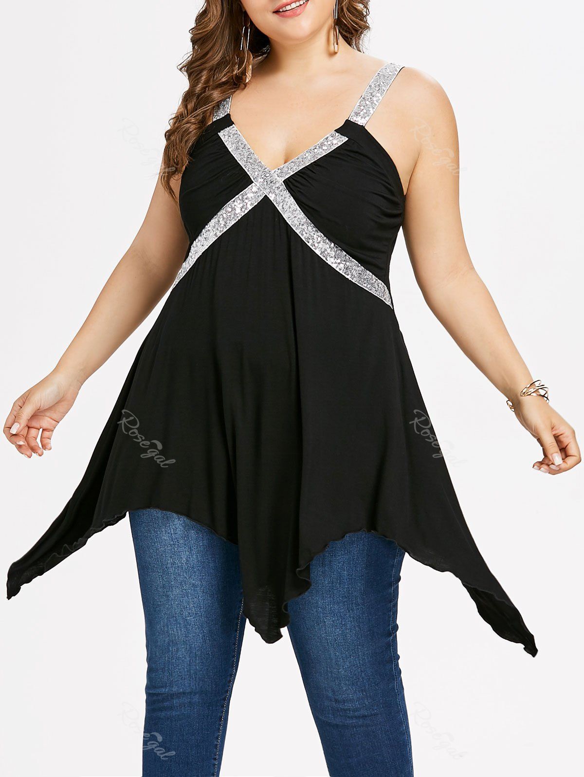 

Plus Size V Neck Shimmery Handkerchief Tank Top, Black