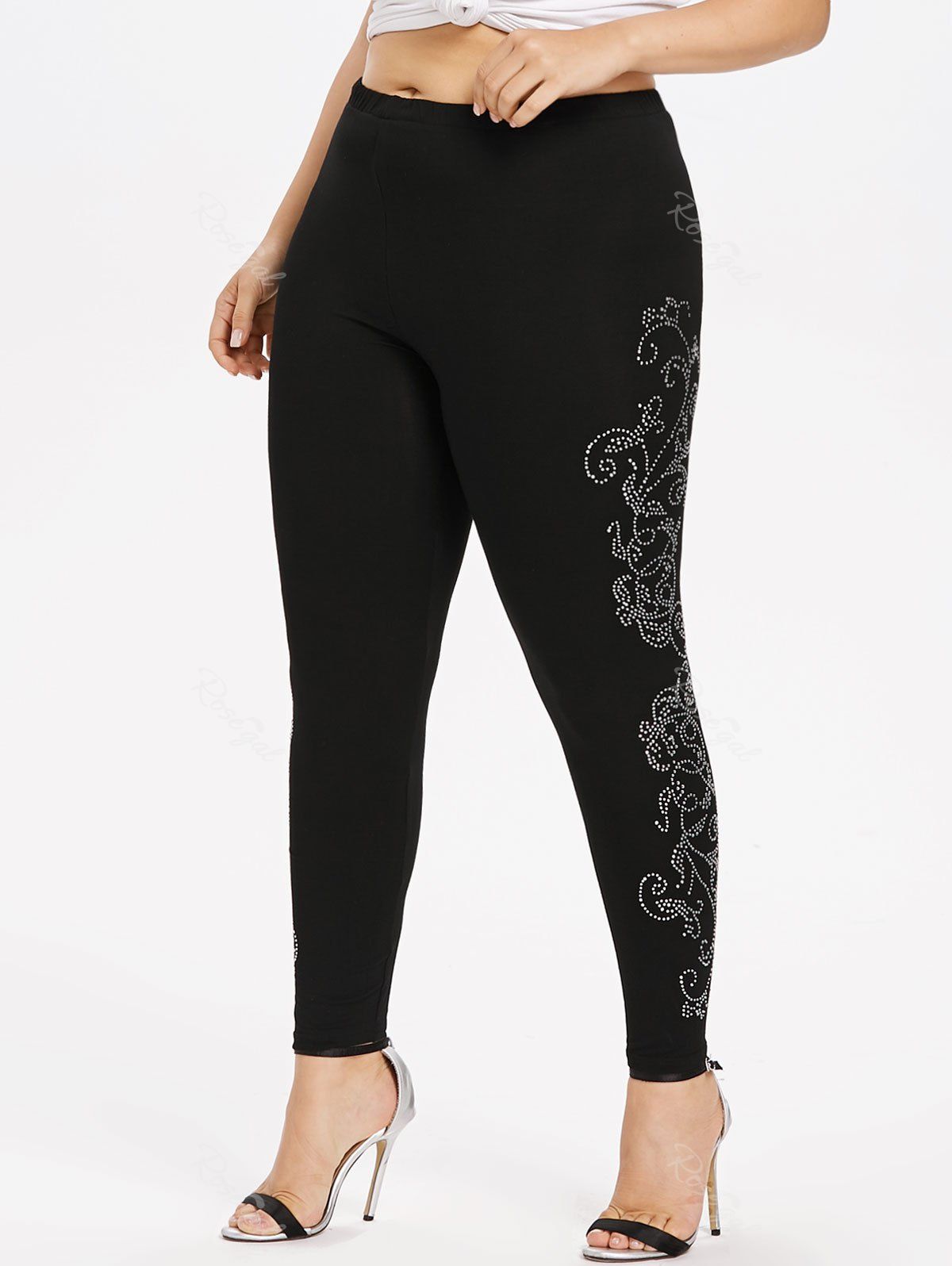 

Plus Size Rhinestoned Vine Sides Leggings, Black