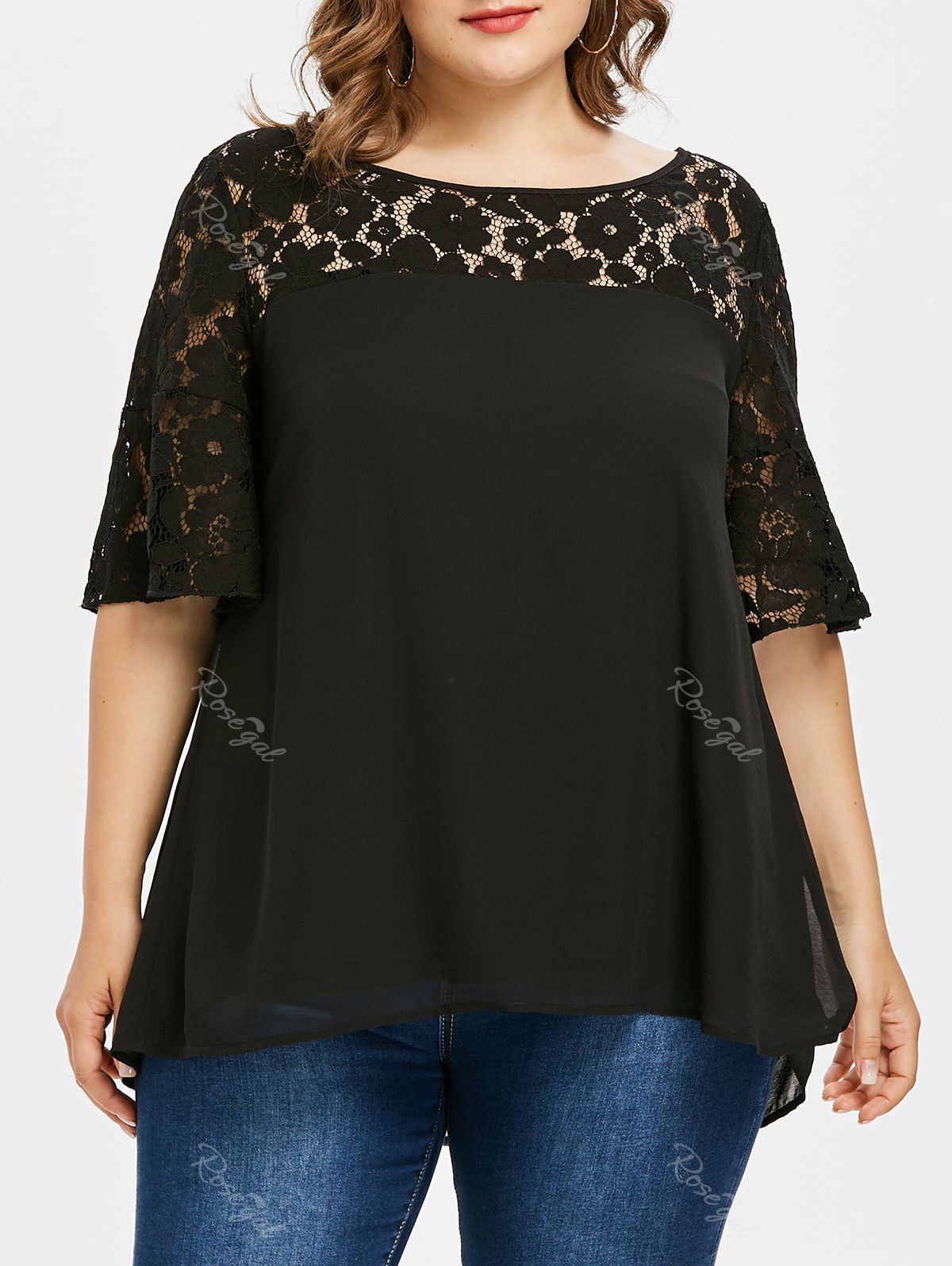 [72% OFF] Plus Size Lace Yoke Bell Sleeve Blouse | Rosegal