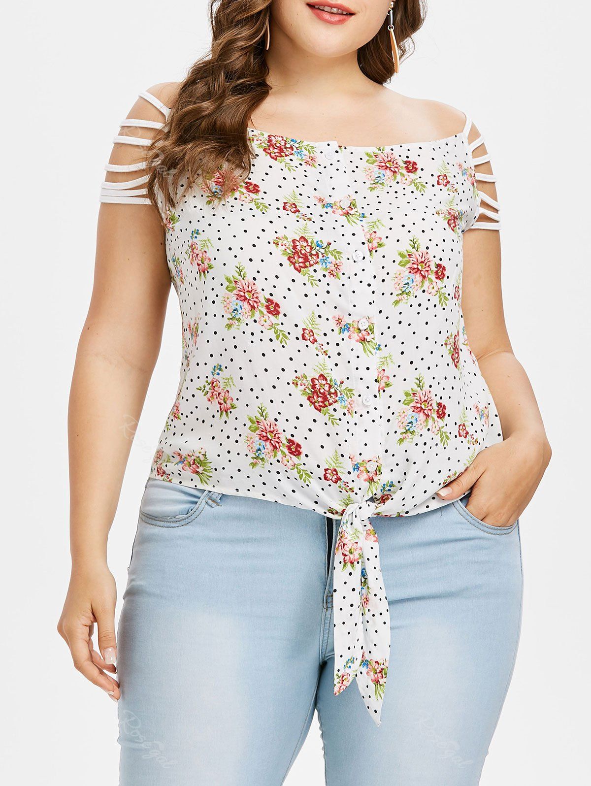 

Plus Size Polka Dot Ladder Sleeve Top, White