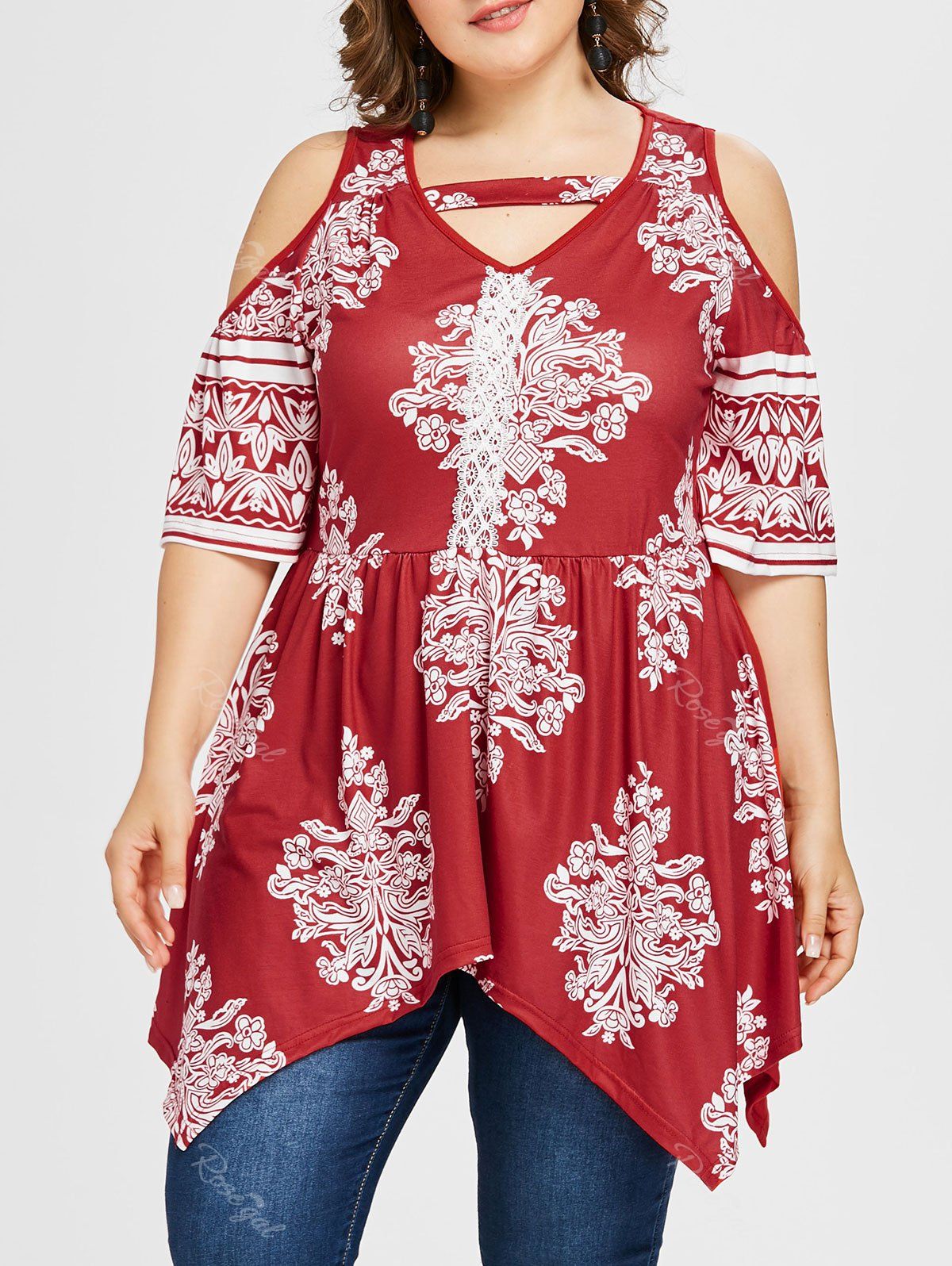 

Plus Size Baroque Print Handkerchief T-shirt, Chestnut red