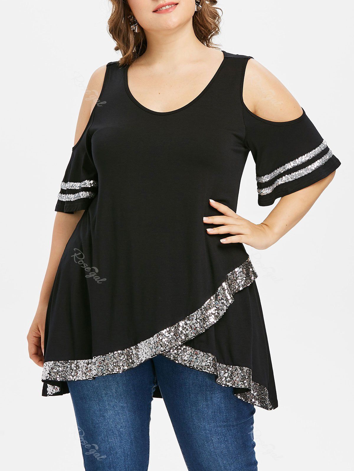 

Cold Shoulder Plus Size Sequin Insert Top, Black