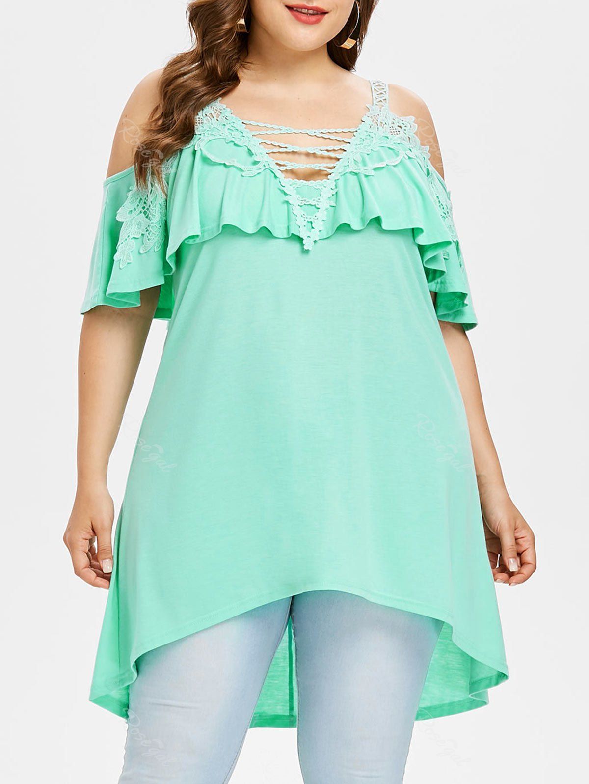 

Plus Size Applique Open Shoulder Swing Blouse, Green