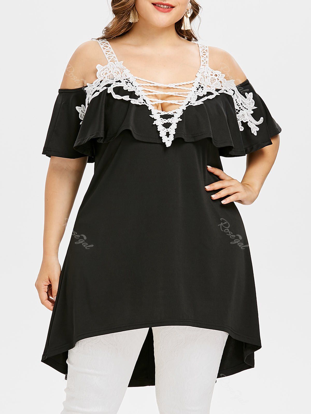 

Plus Size Applique Open Shoulder Swing Blouse, Black