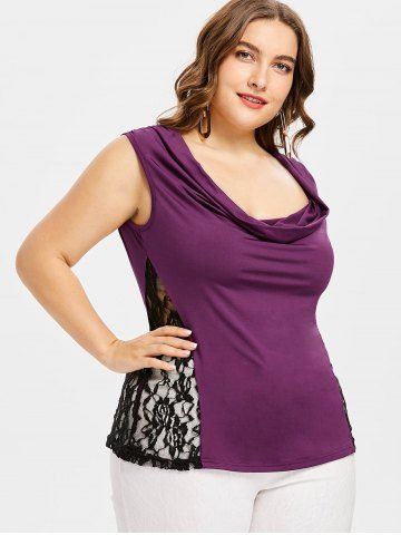 

Plus Size Cowl Neck Lace Insert T-shirt, Purple jam