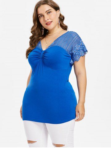 

Plus Size V-neck Crochet Yoke T-shirt, Blue