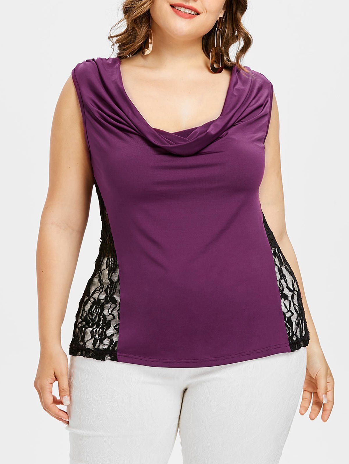 

Plus Size Cowl Neck Lace Insert T-shirt, Purple jam