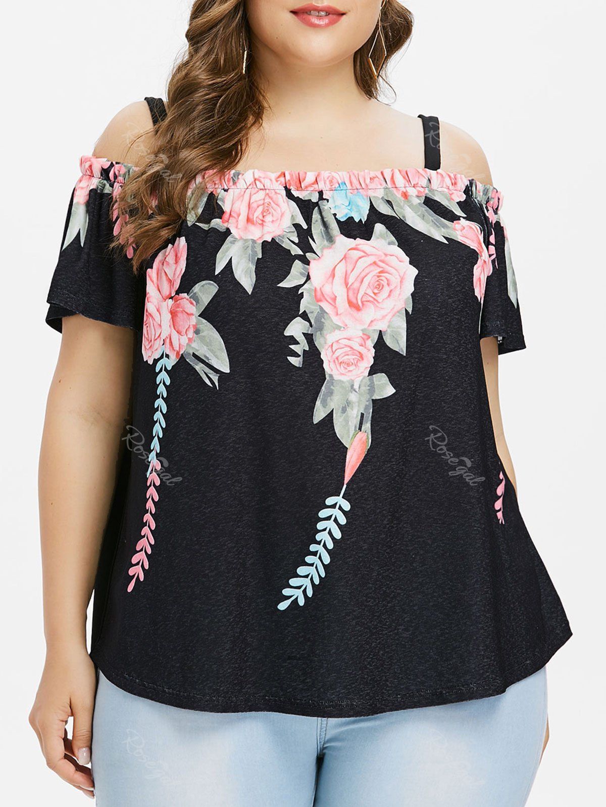 

Plus Size Floral Cold Shoulder T-shirt, Black