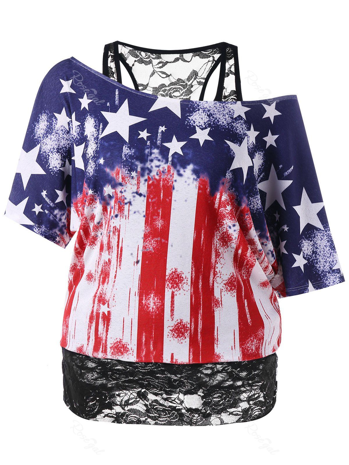 

American Flag Plus Size Lace Hemline T-shirt, Colormix