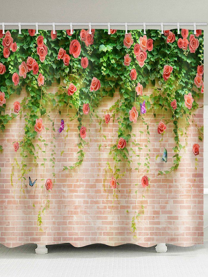 

Brick Wall Rose Flowers Printed Waterproof Bath Curtain, Multi